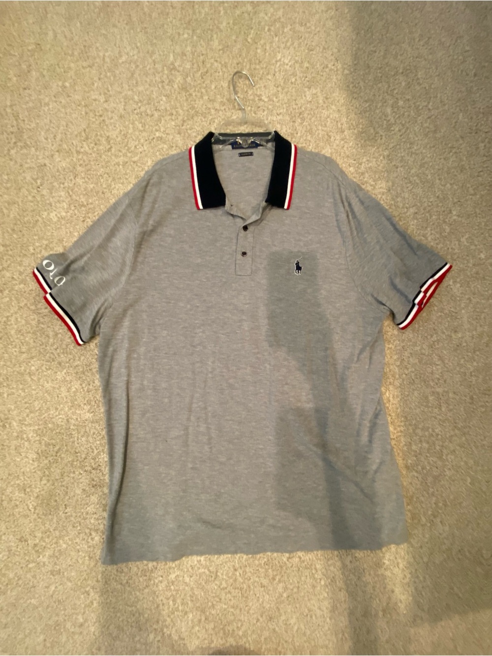 Polo by Ralph Lauren Grey Polo with Navy Collar and Red & White Trim